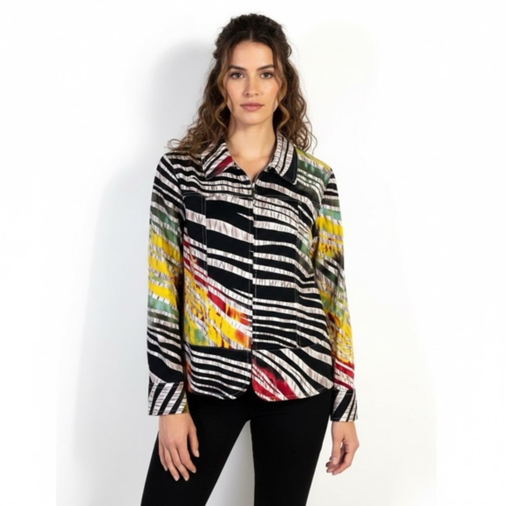 Draper's & Damon's Abstract Zip Jacket Womens M Black Multicolor Stretch Quirky